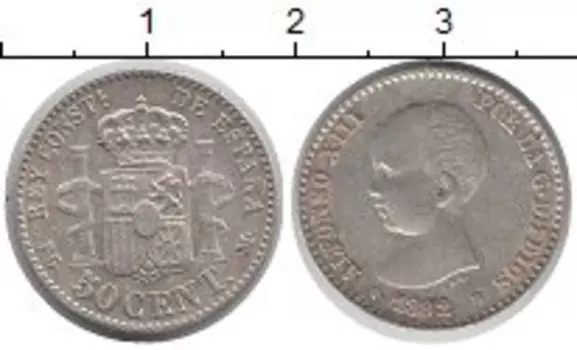 Монета 50 сентим Испании 1892 года Серебро Альфонсо XIII