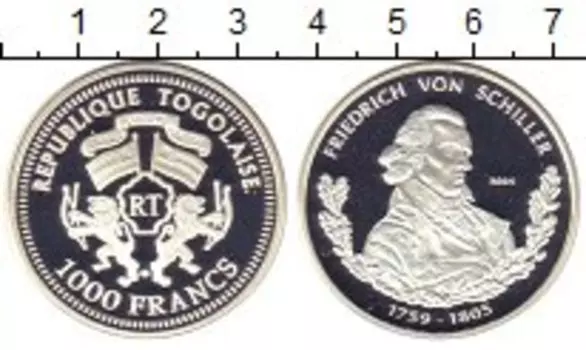 Монета 1000 франков Того 2004 года Серебро Фридрих фон Шиллер
