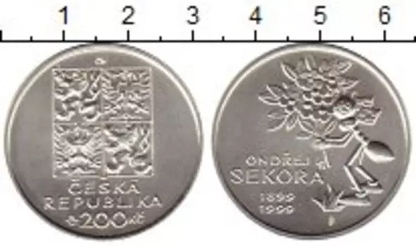 Монета 200 крон Чехии 1999 года Серебро 100 лет Андрею Сикоре