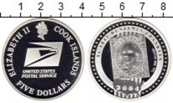 Монета 5 долларов Островов Кука 2004 года Серебро Марка Бенджамин Франклин