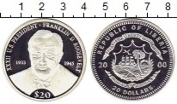Монета 20 долларов Либерии 2000 года Серебро Франклин Д