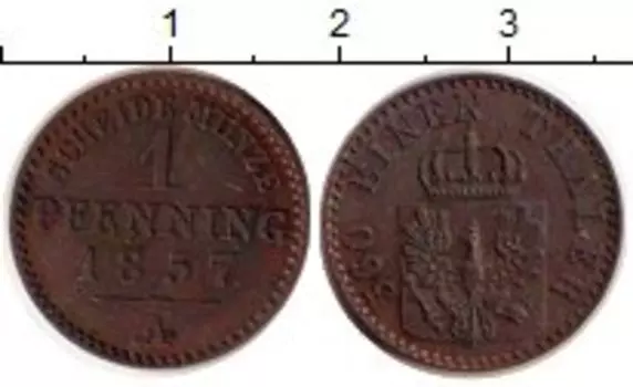 Монета пфенниг Пруссии 1857 года Медь