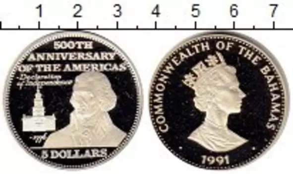Монета 5 долларов Багамских островов 1991 года Серебро 500 лет открытия Америки, Декларация о независимости