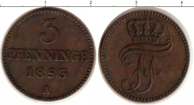 Монета 3 пфеннига Мекленбург-Шверина 1853 года Медь Фридрих Франц II
