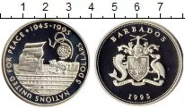 Монета 5 долларов Барбадоса 1995 года Серебро 50 лет ООН