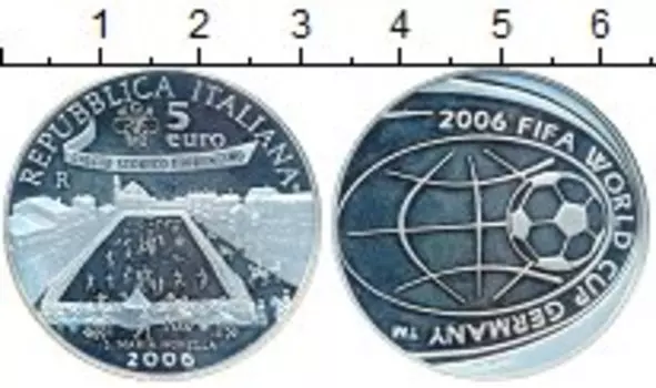 Монета 5 евро Италии 2006 года Серебро Чемпионат Мира по футболу
