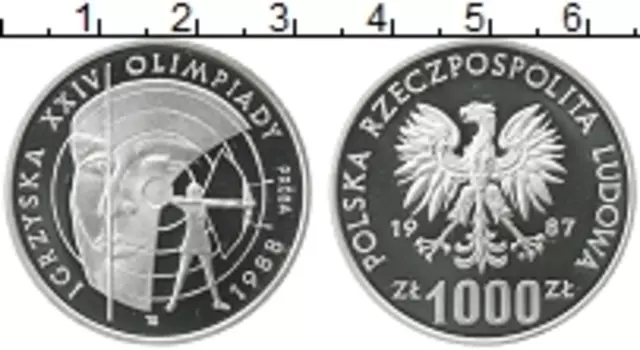 Монета 1000 злотых Польши 1987 года Серебро Зимнияя Олимпиада 1988
