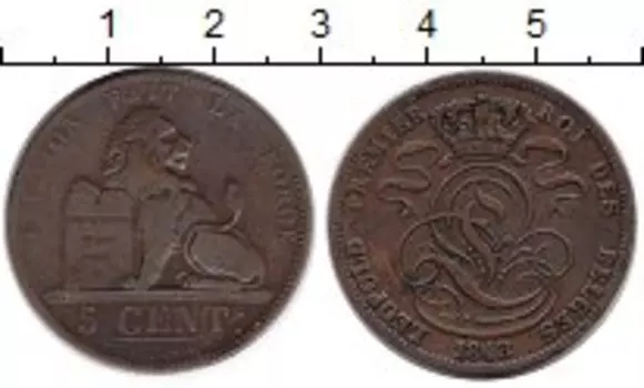 Монета 5 центов Бельгии 1848 года Медь Леопольд I