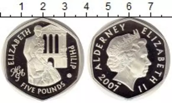 Монета 5 фунтов Олдерни 2007 года Серебро Бриллиантовый юбилей свадьбы Елизавета II и принца Филиппа