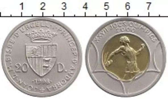 Монета 20 динерс Андорры 1998 года Биметалл Серебро - золото