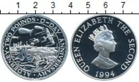 Монета 2 фунта Олдерни 1994 года Серебро Вторая Мировая Война, D-DAY