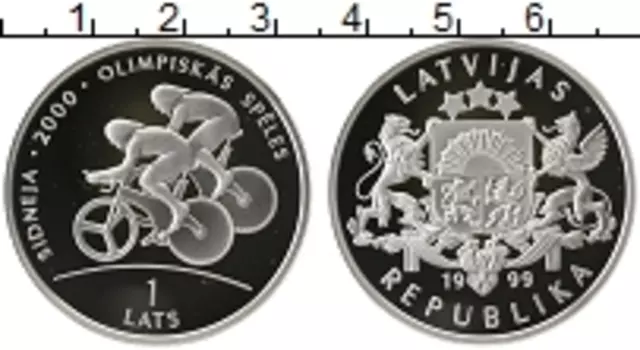 Монета лат Латвии 1999 года Серебро Олимпиада 2000