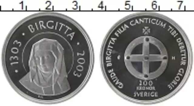 Монета 200 крон Швеции 2003 года Серебро 700 лет Биргитта — католическая святая, основательница ордена бригитток, покровительница Европы