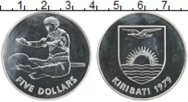 Монета 5 долларов Кирибати 1979 года Серебро Царапины от механической чистки и пятно на реверсе в районе 9 часов