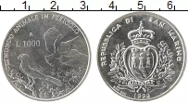 Монета 1000 лир Сан-Марино 1993 года Серебро птицы