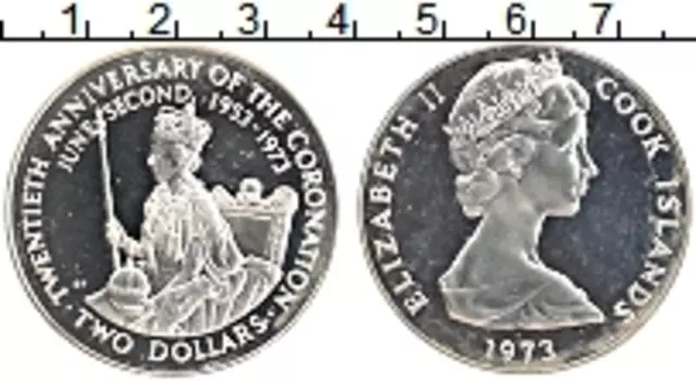 Монета 2 доллара Островов Кука 1973 года Серебро 20-летие коронации Елизаветы II