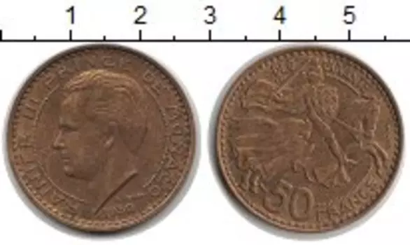 Монета 50 франков Монако 1950 года Ренье III