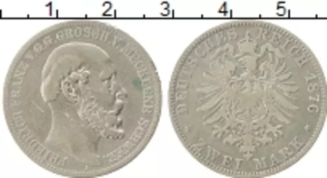 Монета 2 марки Мекленбург-Шверина 1876 года Серебро Фридрих Франц