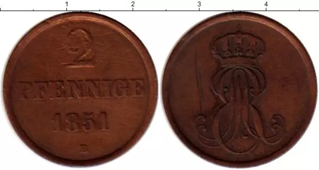 Монета 2 пфеннига Ганновера 1851 года Медь В