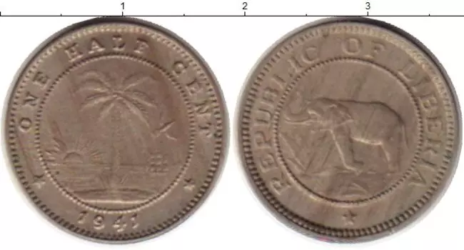 Монета 1/2 цента Либерии 1941 года Медно-никель