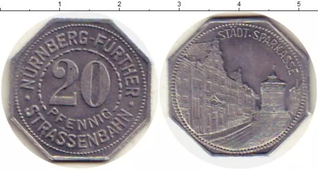 Монета 20 пфеннигов Германия : Нотгельды 1921 года Алюминий Трамвай Нюрнберга