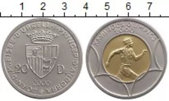Монета 20 динерс Андорры 2000 года Биметалл Серебро - золото