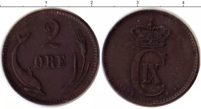 Монета 2 эре Дании 1889 года Бронза Кристиан IX