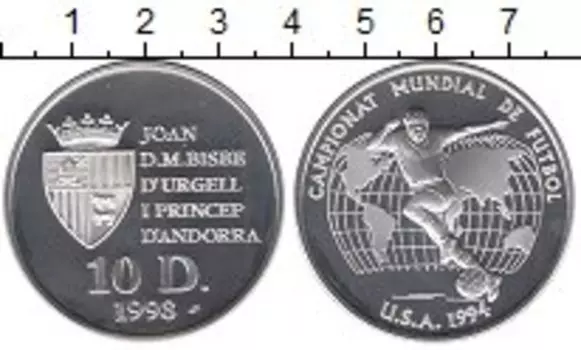 Монета 10 динерс Андорры 1993 года Серебро Чемпионат Мира по футболу
