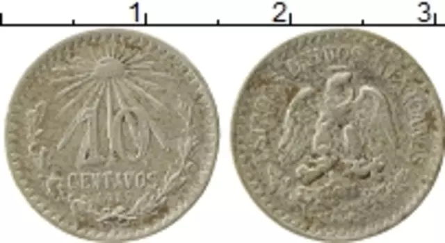 Монета 10 сентаво Мексики 1919 года Серебро Солнце, Орел