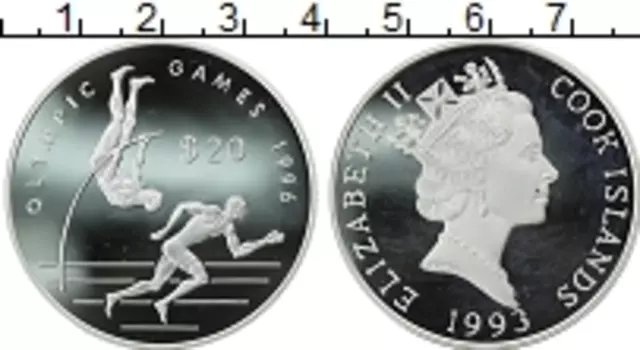 Монета 20 долларов Островов Кука 1993 года Серебро Олимпийские игры 1996