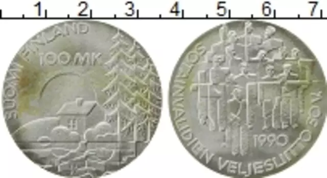 Монета 100 марок Финляндии 1990 года Серебро 50-летие организации ветеранов-инвалидов