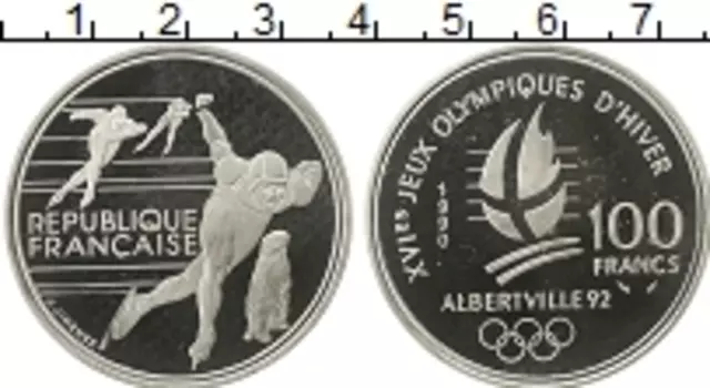 Монета 100 франков Франции 1990 года Серебро Олимпийские игры, Конькобежный спорт
