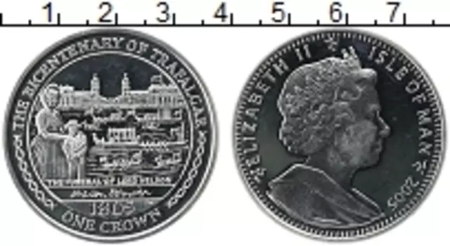 Монета крона Острова Мэн 2005 года Серебро 200 лет трафалгарскому сражению, похороны Нельсона