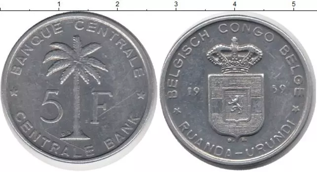 Монета 5 франков Бельгийского Конго 1959 года Алюминий Пальма