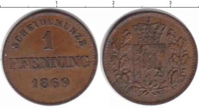 Монета пфенниг Баварии 1869 года Медь
