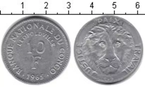 Монета 10 франков Конго 1965 года Алюминий Лев