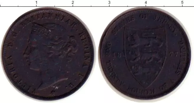 Монета 1/24 шиллинга Острова Джерси 1877 года Бронза Виктория