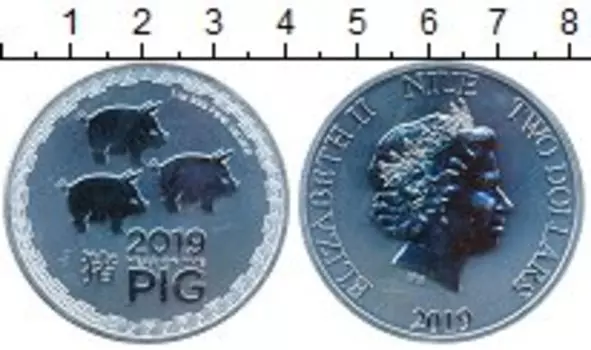 Монета 2 доллара Ниуэ 2019 года Серебро Год свиньи