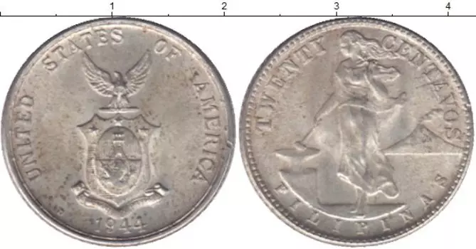 Монета 20 сентаво Филиппин 1944 года Серебро Американская администрация