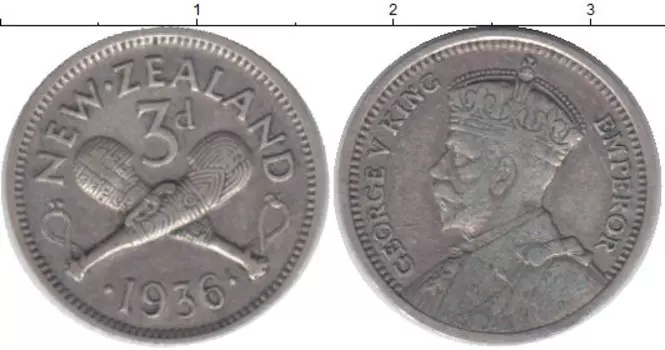 Монета 3 пенса Новой Зеландии 1936 года Серебро Георг V