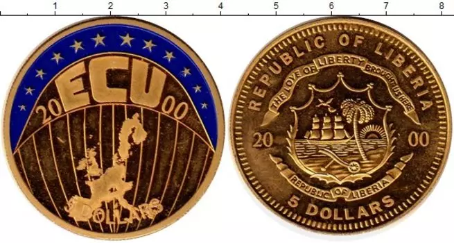 Монета 5 долларов Либерии 2000 года Латунь Европа, Экю