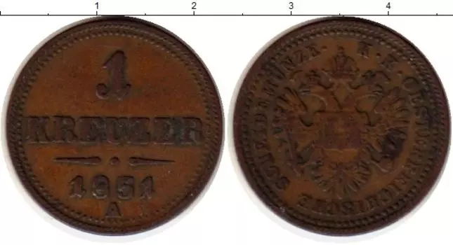 Монета крейцер Австрии 1851 года Медь А