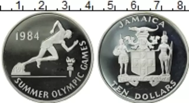 Монета 10 долларов Ямайки 1984 года Серебро Летние олимпийские игры 1984г