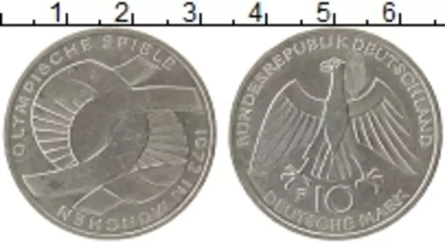 Монета 10 марок ФРГ 1972 года Серебро Олимриада в Мюнхене