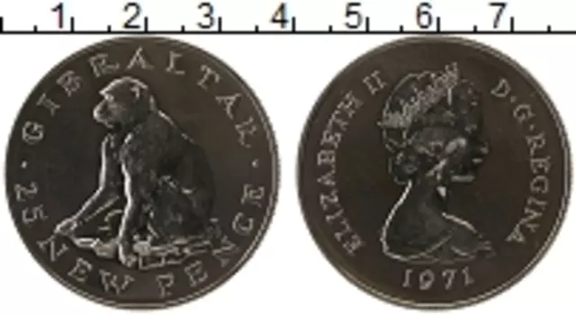 Монета 25 пенсов Гибралтара 1971 года Медно-никель Обезьяна