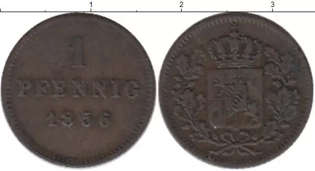 Монета пфенниг Баварии 1856 года Медь
