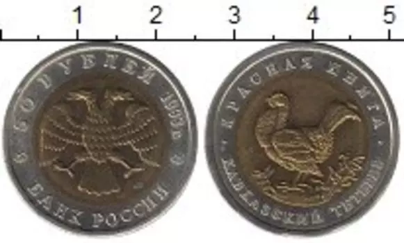 Монета 50 рублей России 1993 года Биметалл Кавказский тетерев