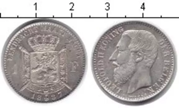 Монета франк Бельгии 1887 года Серебро