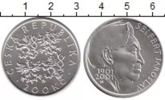 Монета 200 крон Чехии 2001 года Серебро 100-лет со дня рождения Ярослава Сейферта