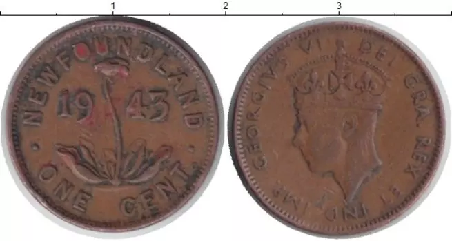 Монета цент Ньюфаундленда 1943 года Медь Георг VI
